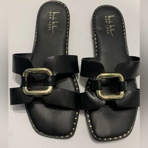 Nicole Miller Black & Gold Buckle Sandals Slides Size 8